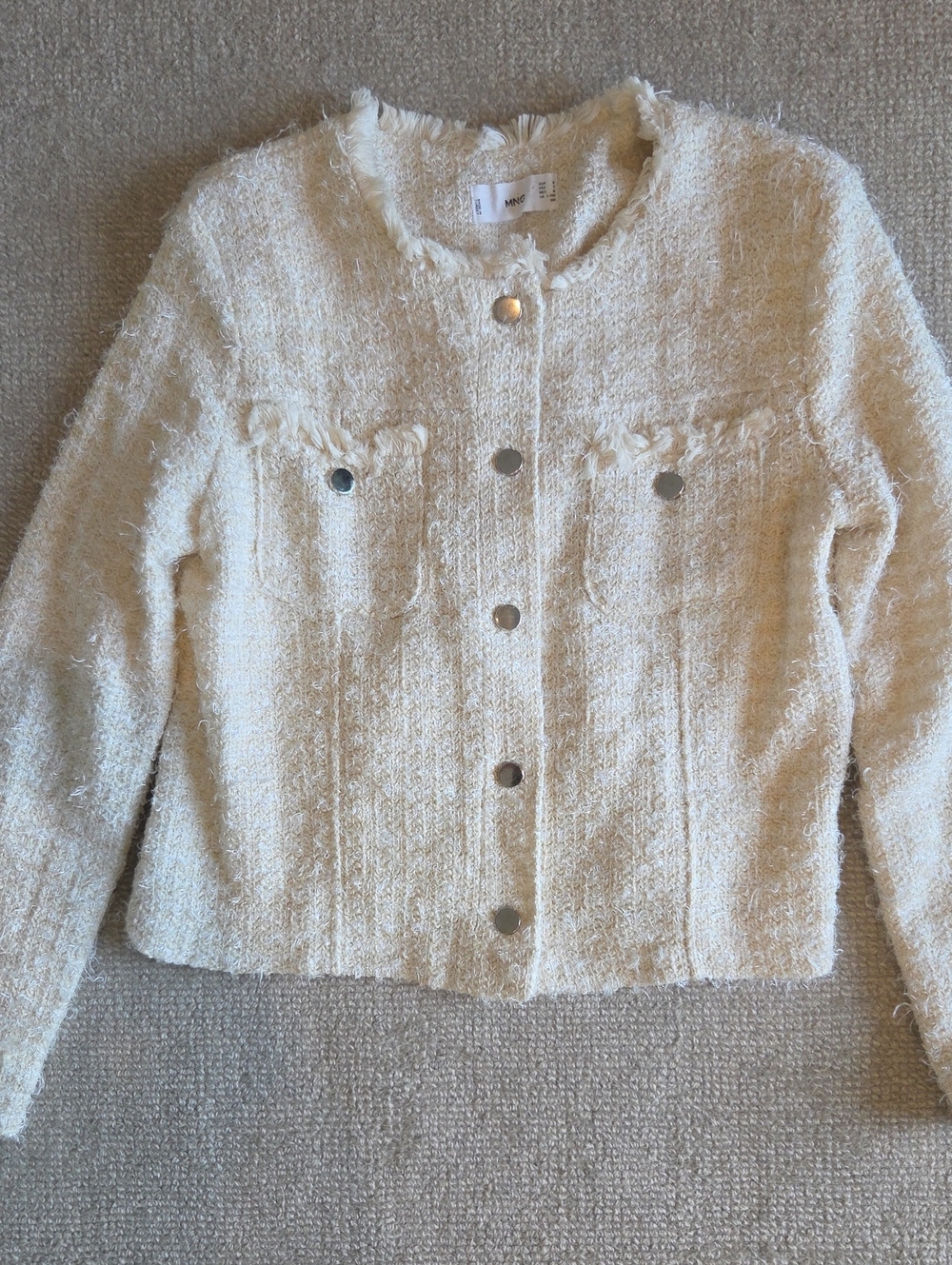 Mango Cream Tweed Frayed-Edge Button Jacket Cropped